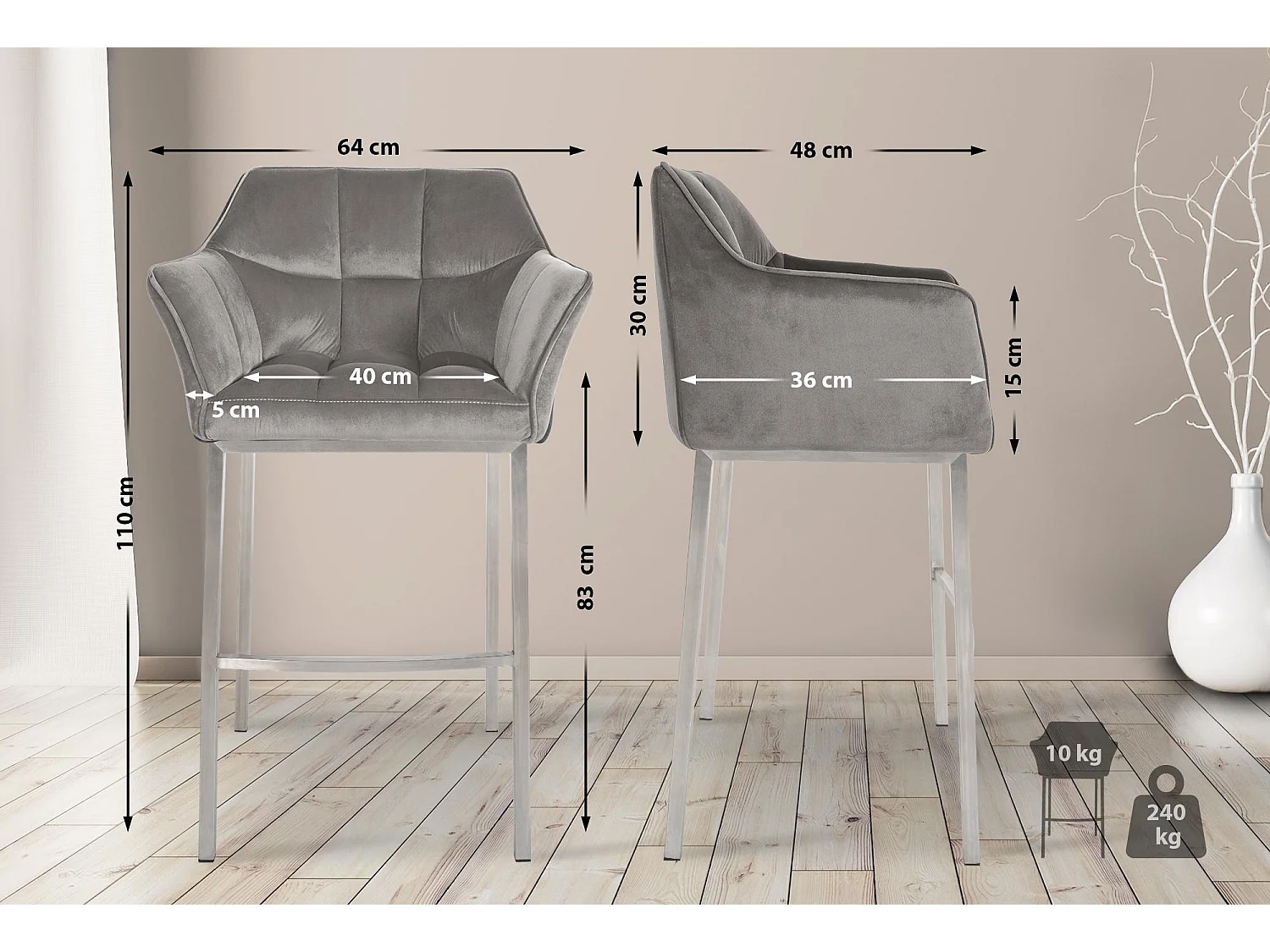 Lot de 2  Tabouret de bar - Velours - Gris - Damaso