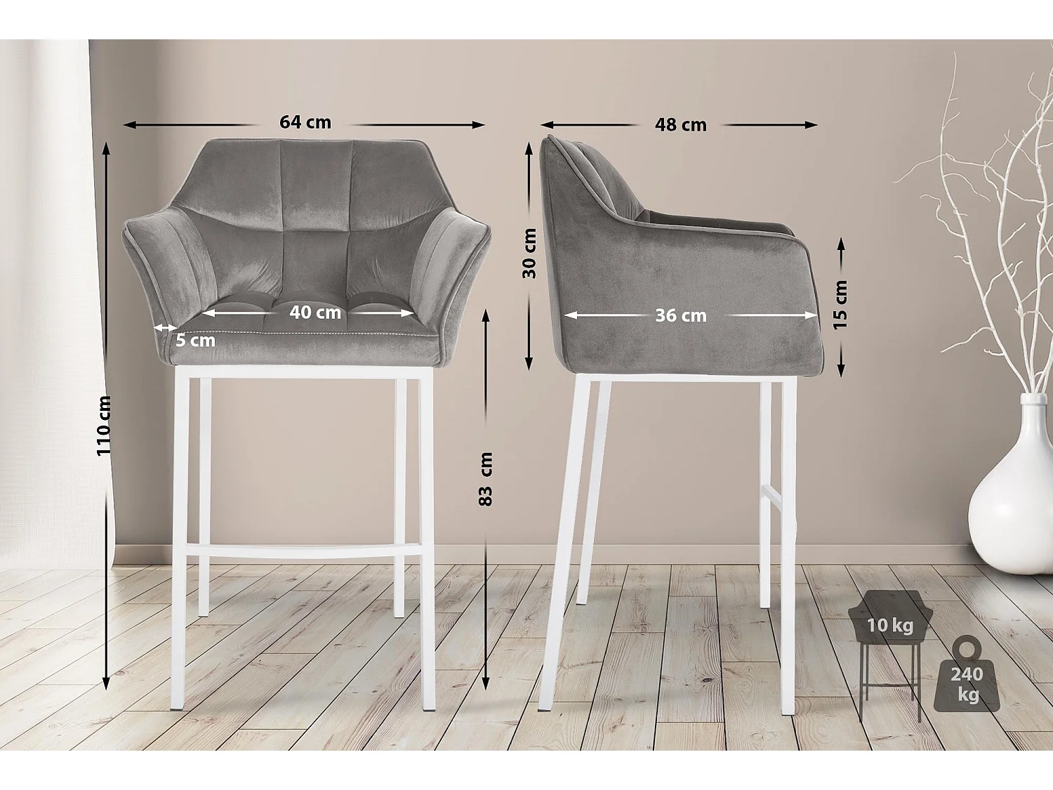 Lot de 2  Tabouret de bar - Velours - Gris - Damaso