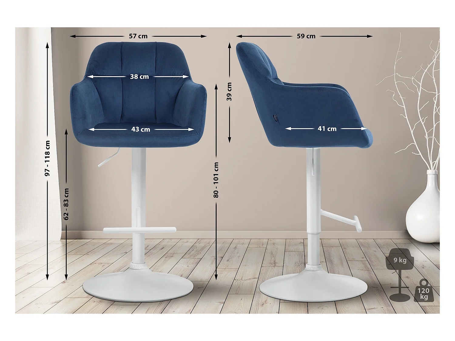 Tabouret de bar - Velours - Bleu - Natoma