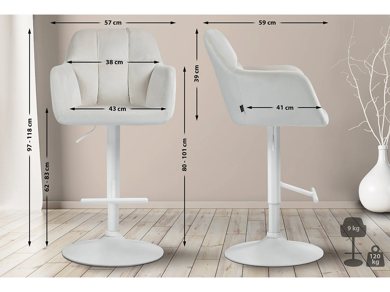 Tabouret de bar - Velours - Crème - Natoma