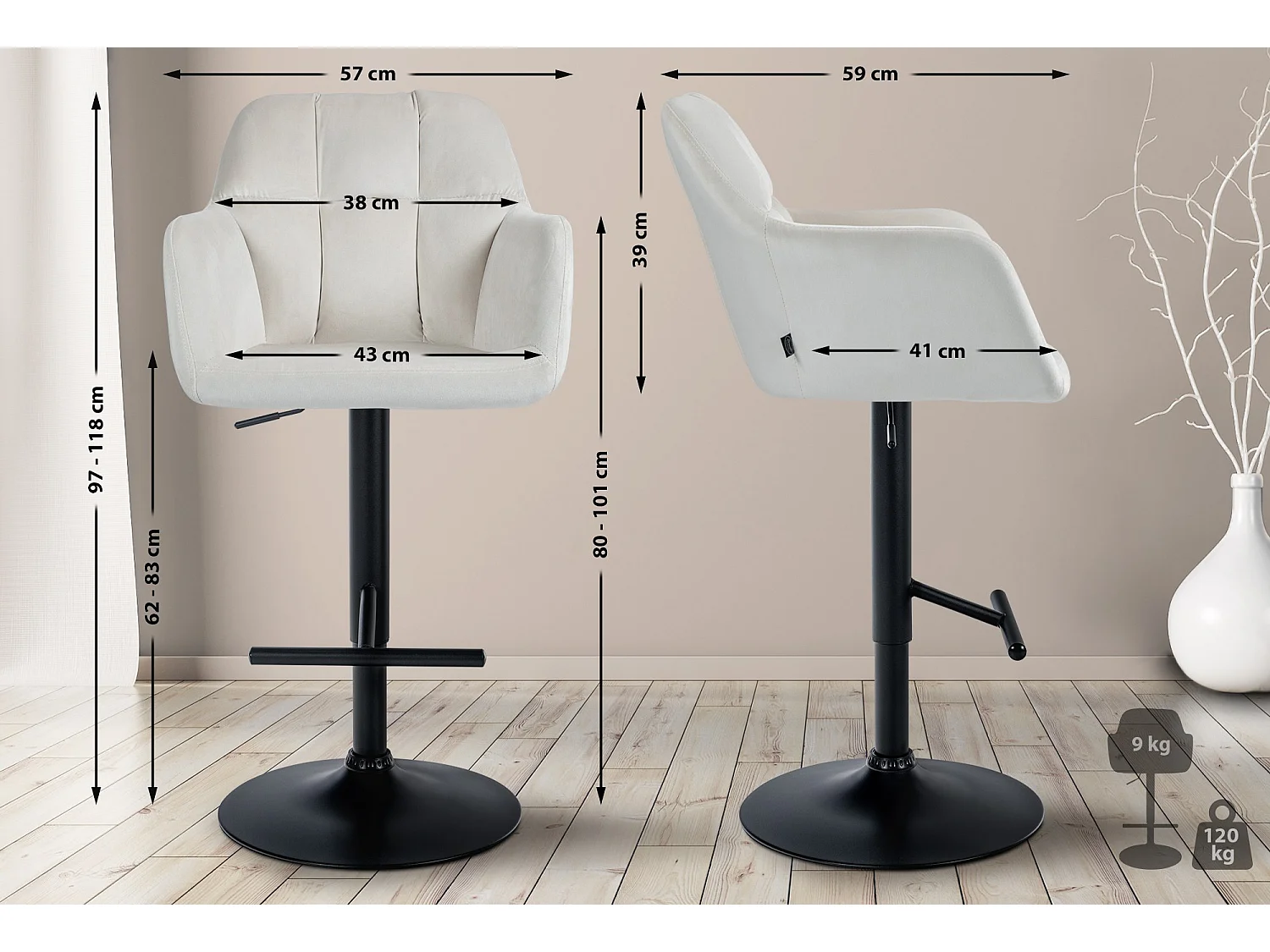 Tabouret de bar - Velours - Crème - Natoma