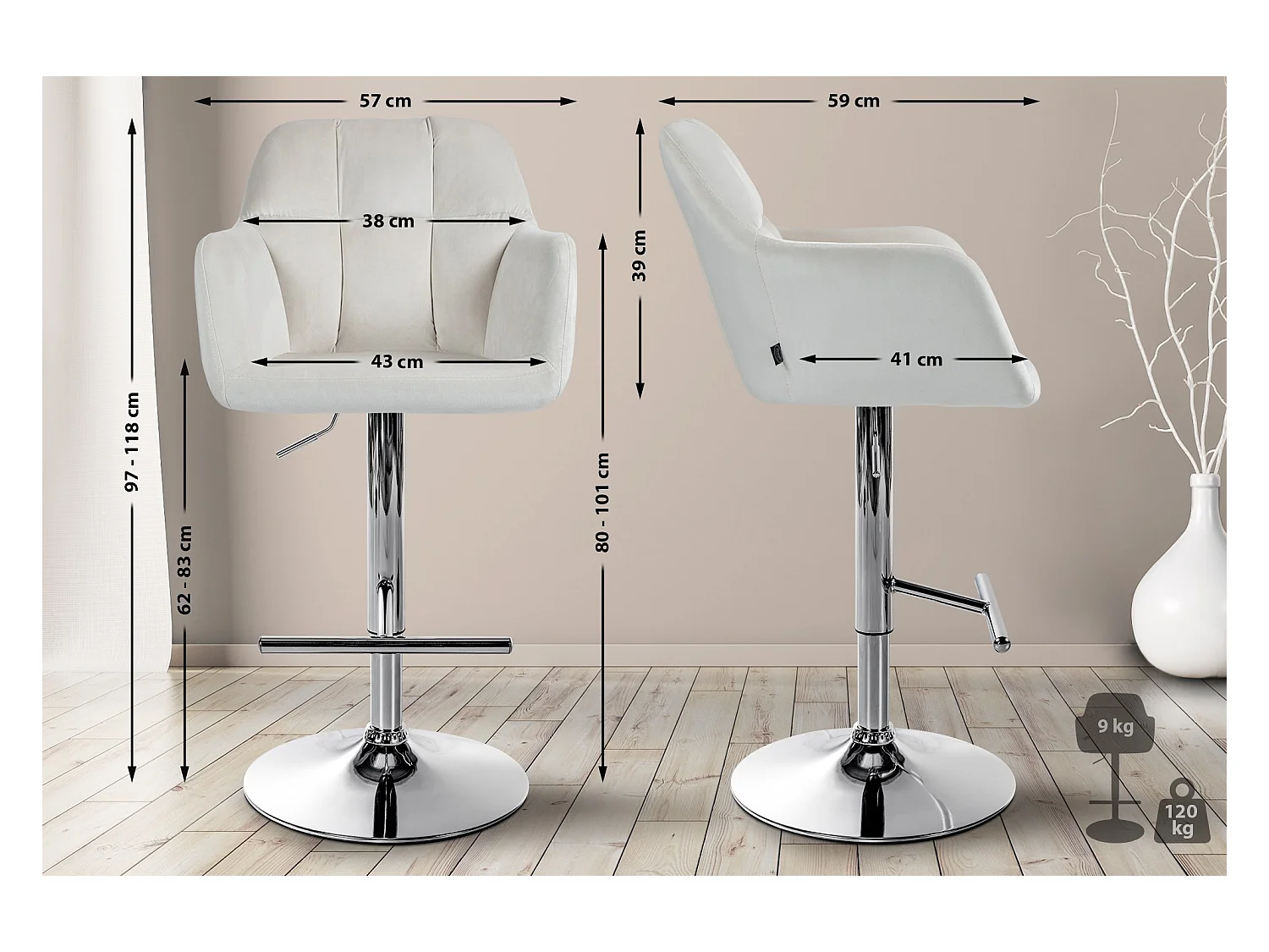 Tabouret de bar - Velours - Crème - Natoma