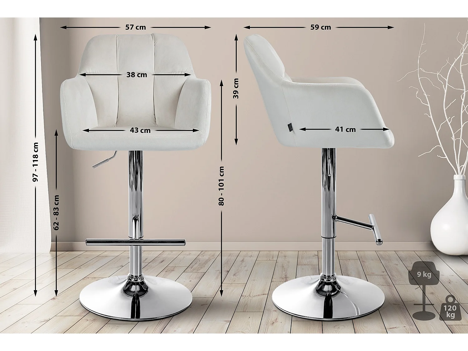 Tabouret de bar - Velours - Crème - Natoma