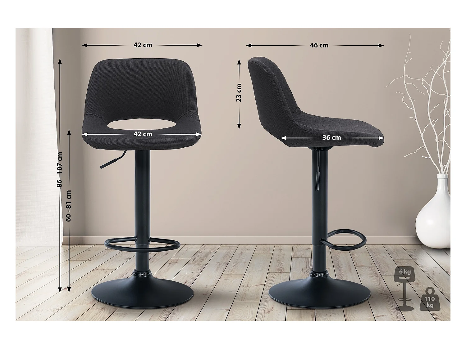 Tabouret de bar - Tissu - Noir - Camden