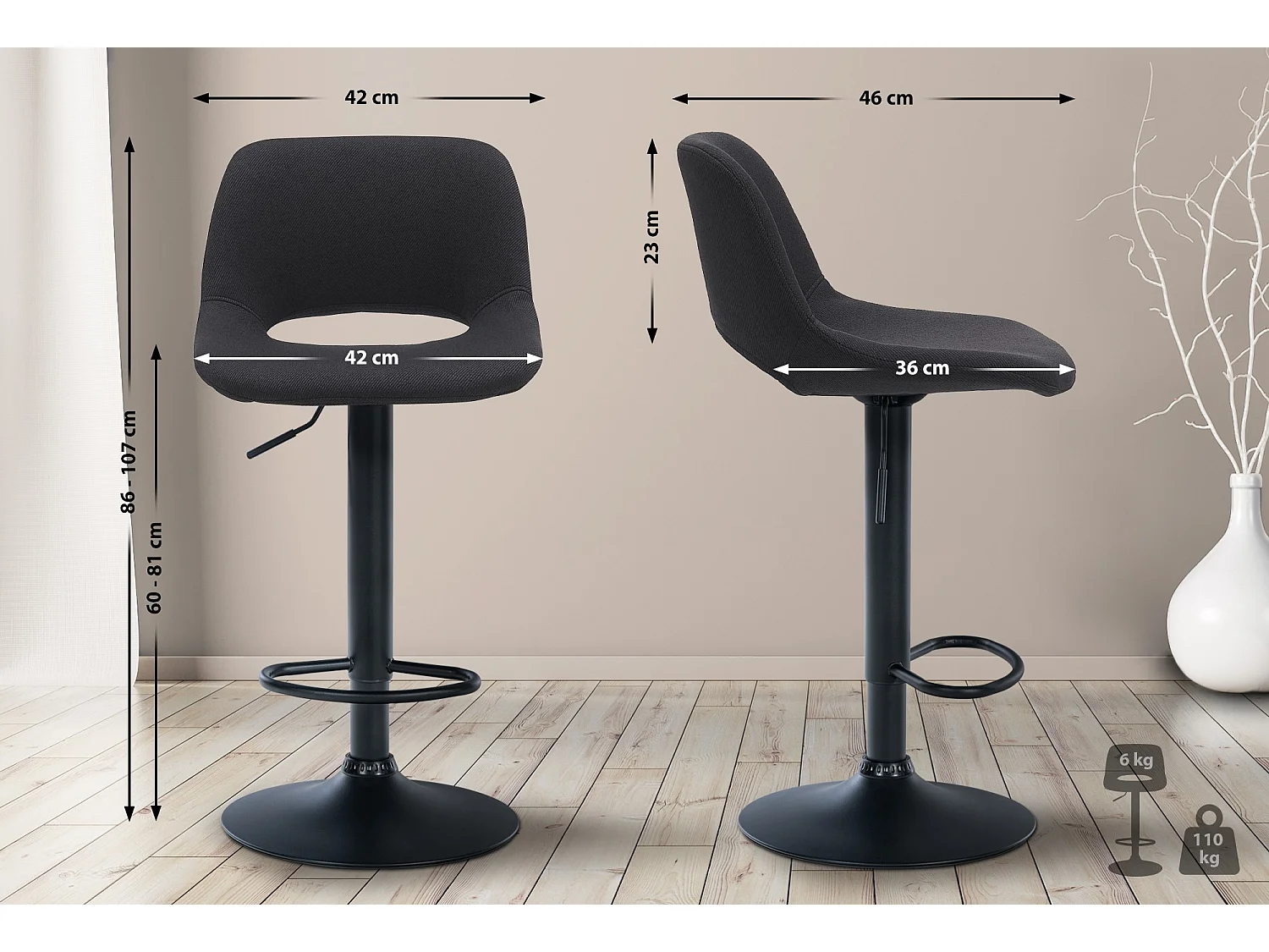 Tabouret de bar - Tissu - Noir - Camden