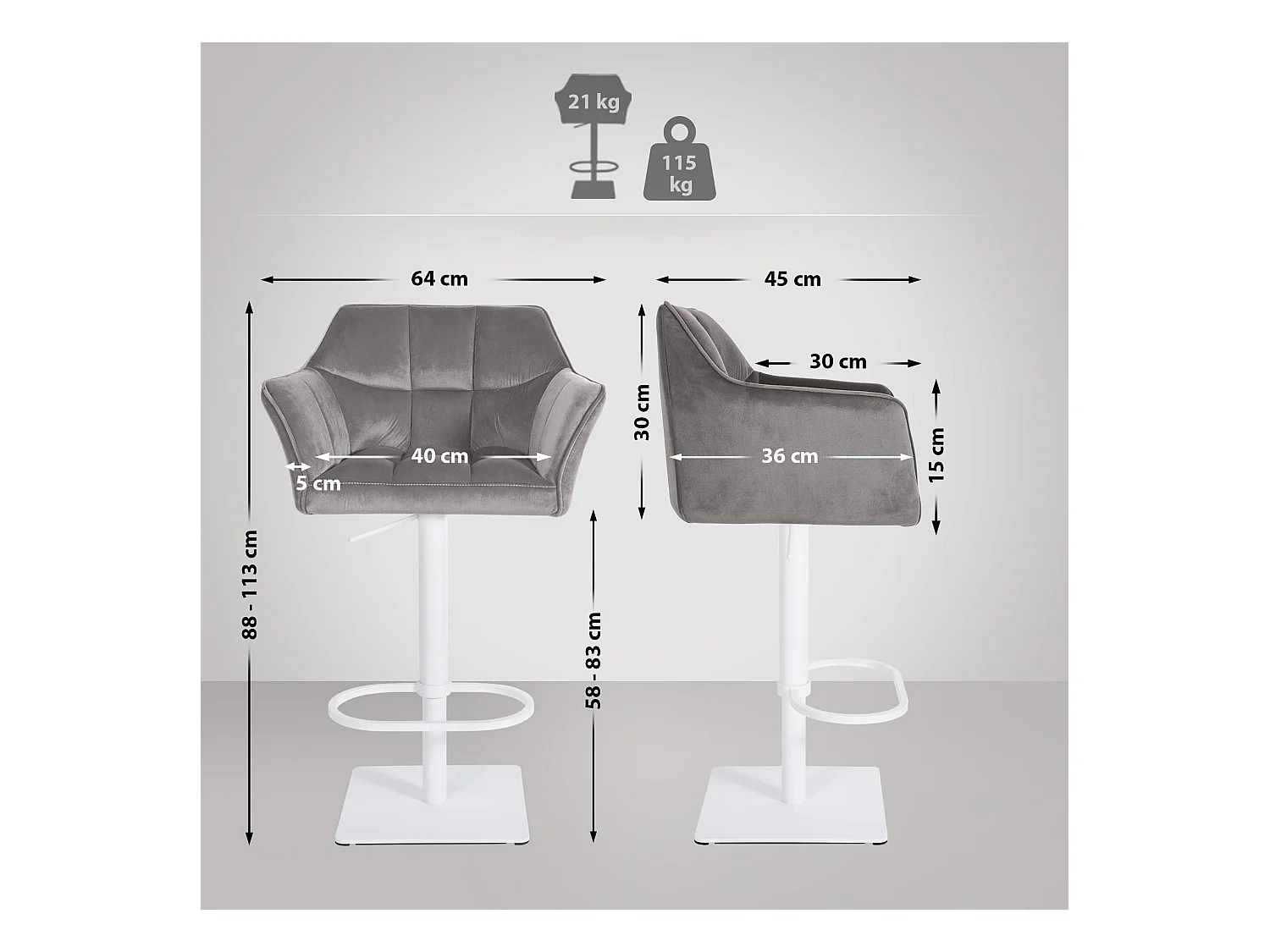 Lot de 2  Tabouret de bar - Velours - Gris - Damaso