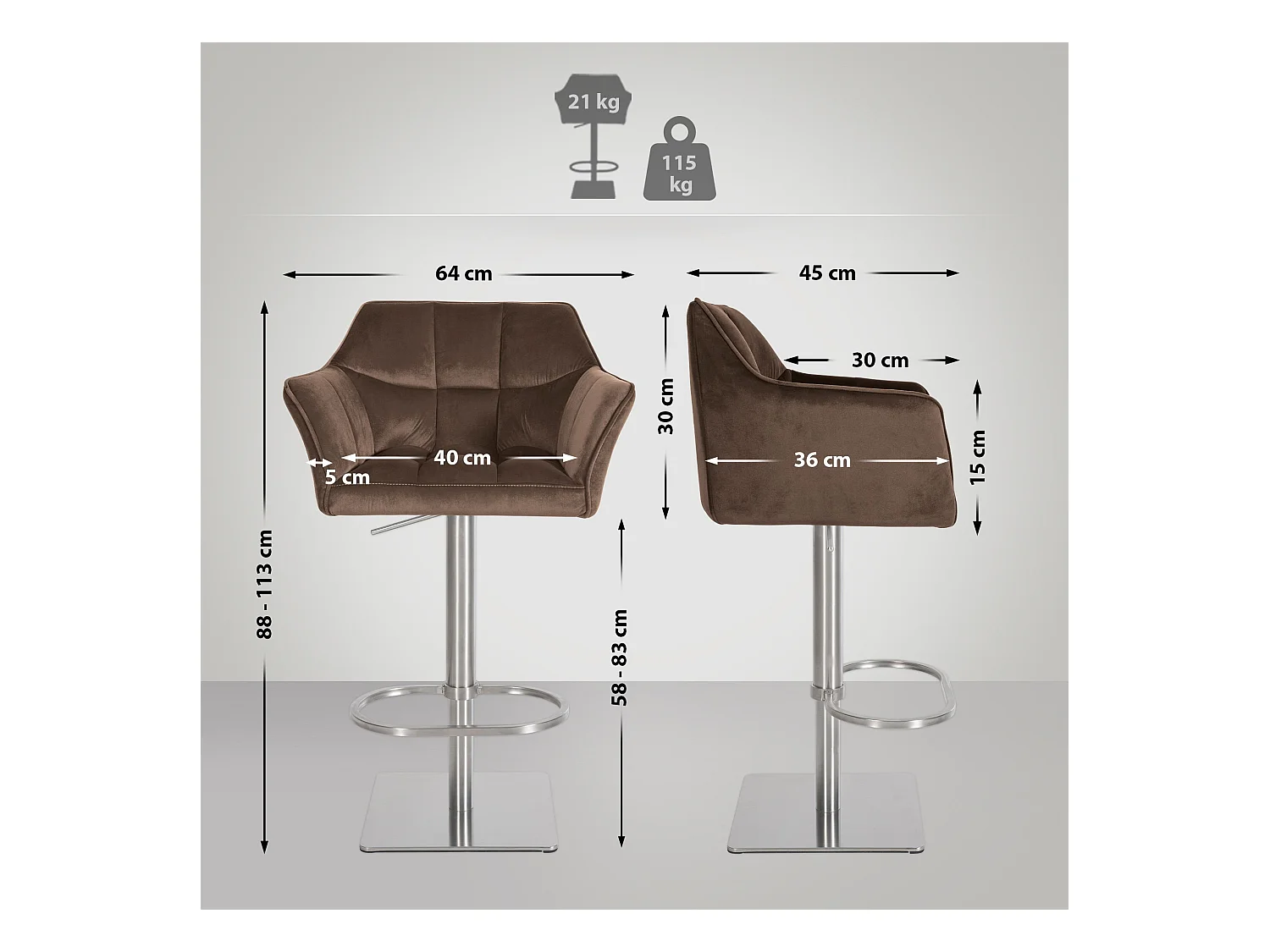 Lot de 2  Tabouret de bar - Velours - Marron - Damaso