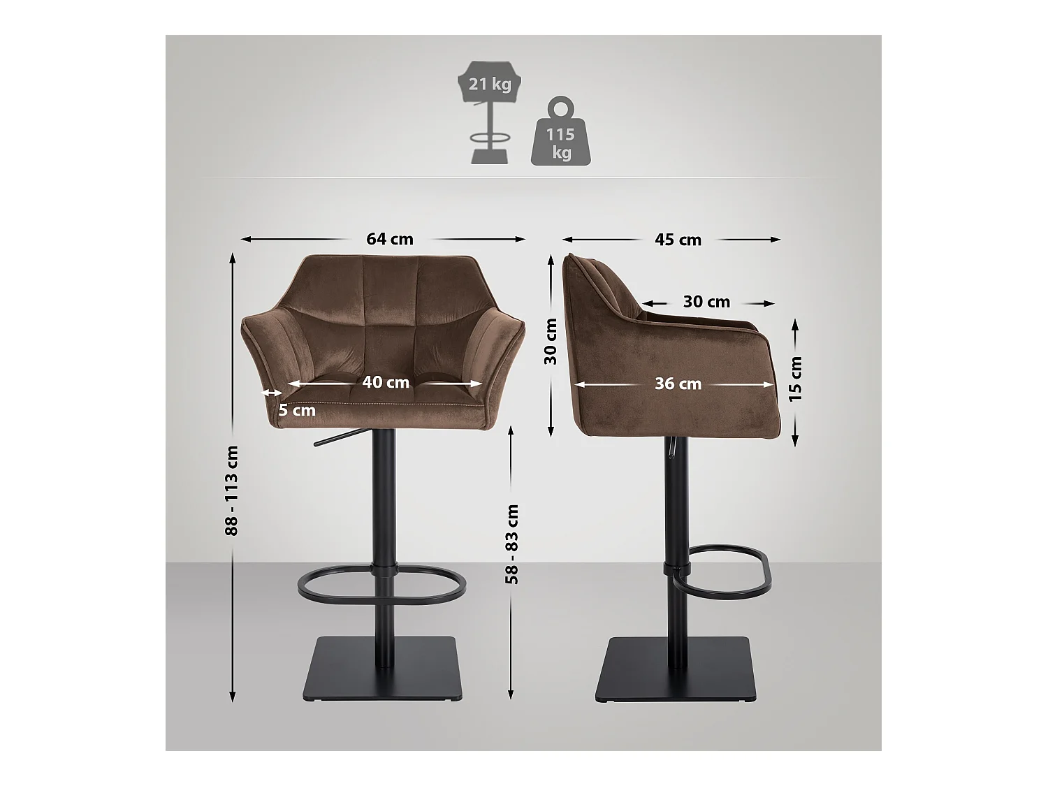 Lot de 2  Tabouret de bar - Velours - Marron - Damaso