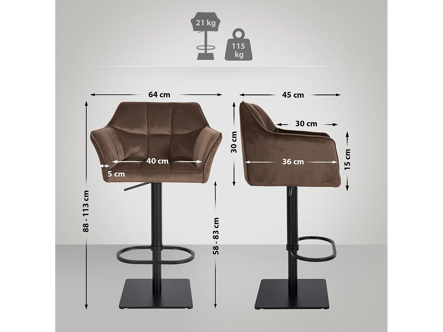 Lot de 2  Tabouret de bar - Velours - Marron - Damaso