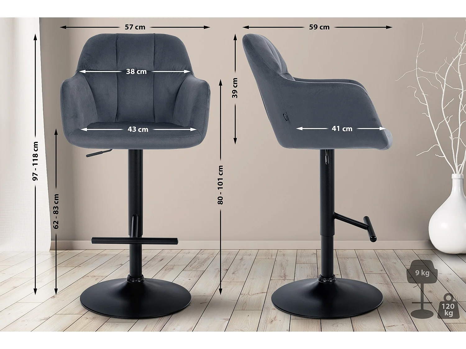 Tabouret de bar - Velours - Gris foncé - Natoma