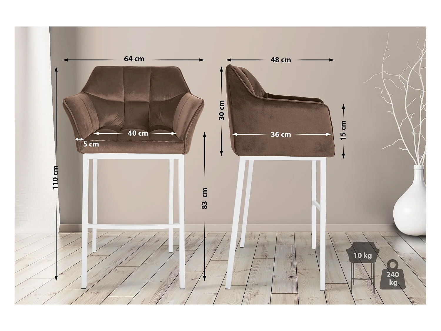 Lot de 2  Tabouret de bar - Velours - Marron - Damaso