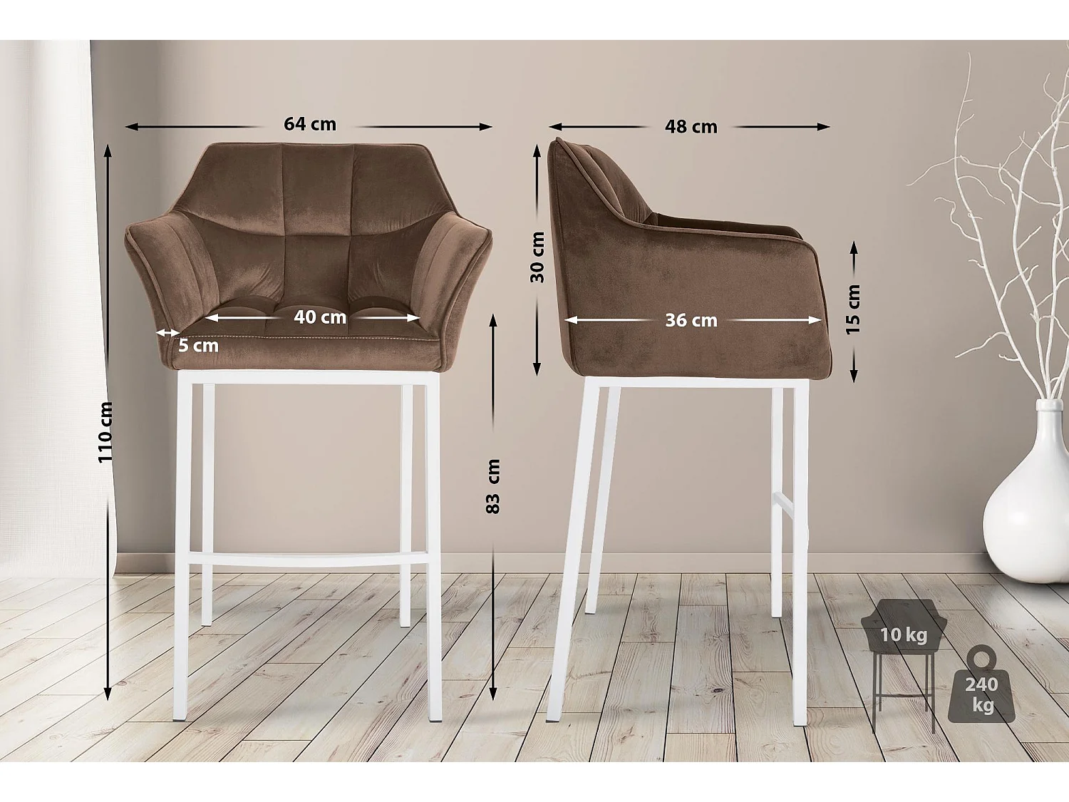 Lot de 2  Tabouret de bar - Velours - Marron - Damaso