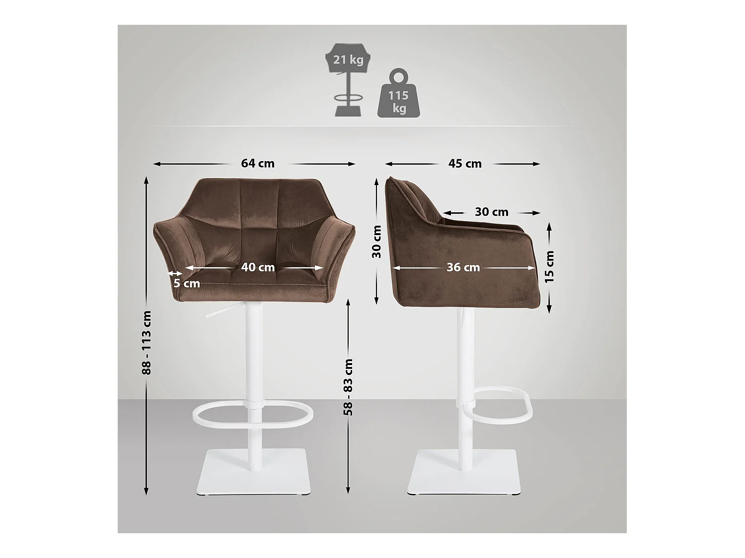 Lot de 2  Tabouret de bar - Velours - Marron - Damaso