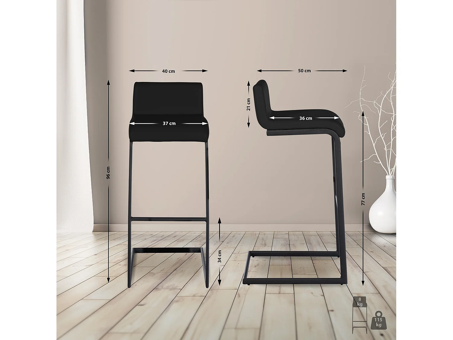 Tabouret de bar - Similicuir - Noir - Newport