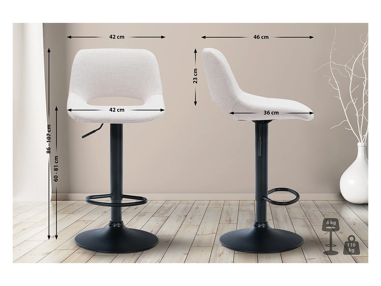 Lot de 2  Tabouret de bar - Tissu - Crème - Camden