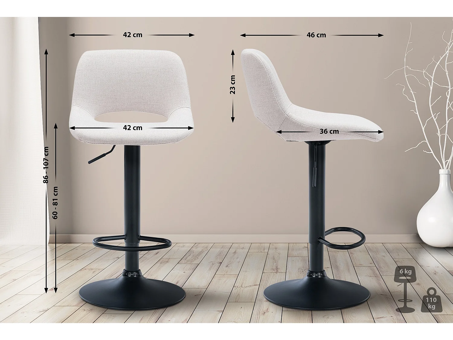 Lot de 2  Tabouret de bar - Tissu - Crème - Camden