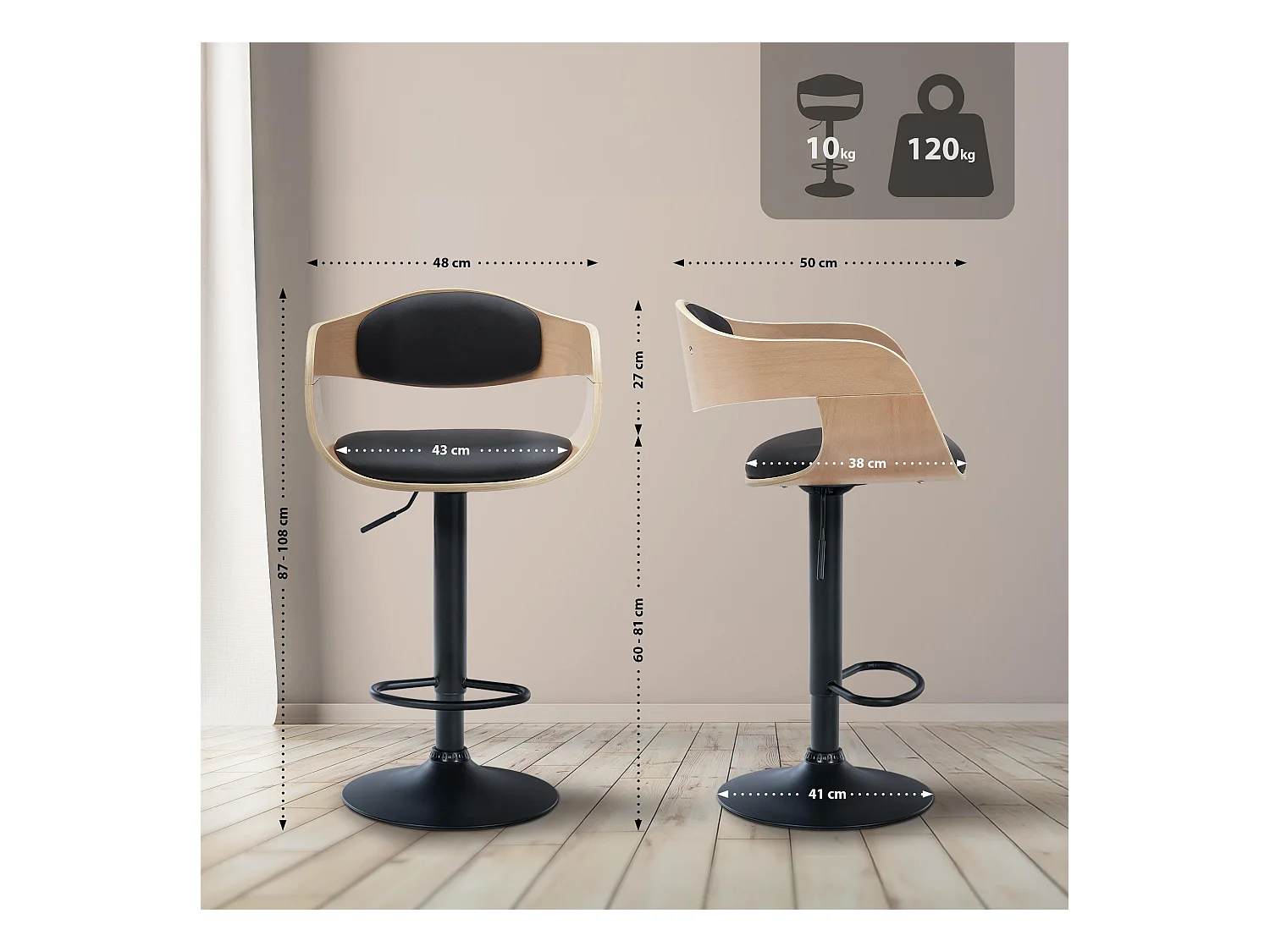 Lot de 2  Tabouret de bar - Similicuir - Nature / Noir - Kingston