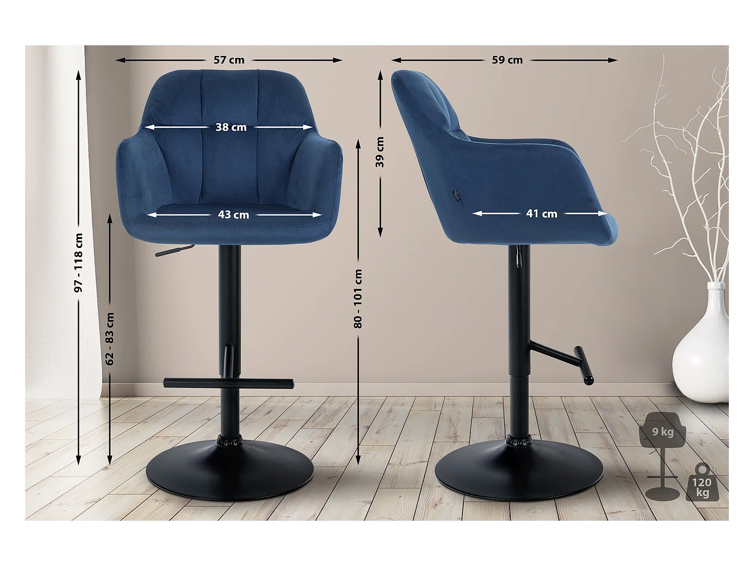 Tabouret de bar - Velours - Bleu - Natoma