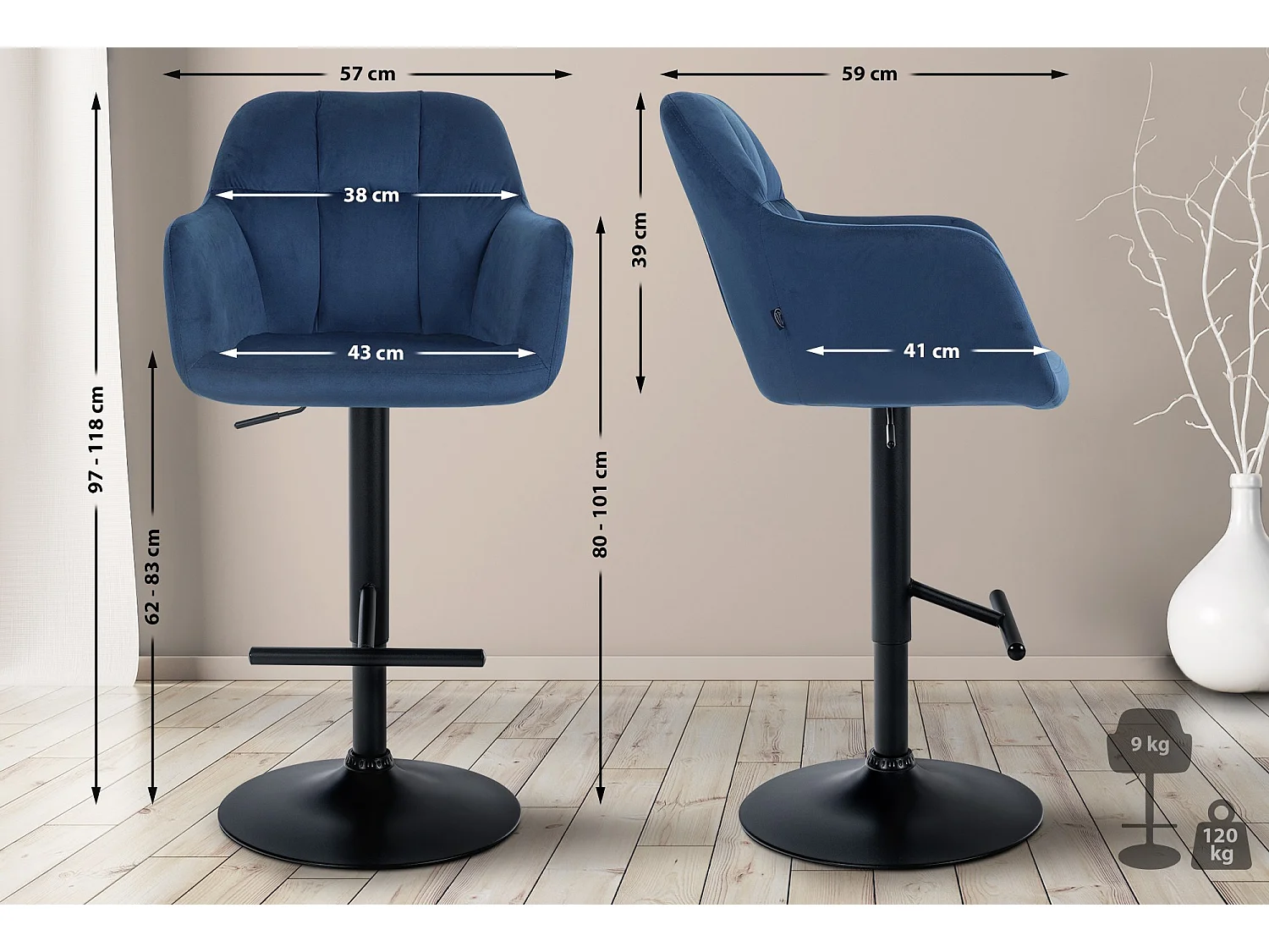 Tabouret de bar - Velours - Bleu - Natoma