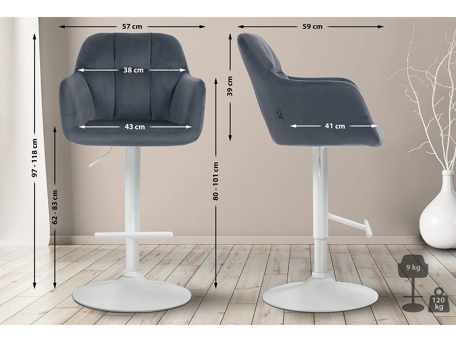 Tabouret de bar - Velours - Gris foncé - Natoma