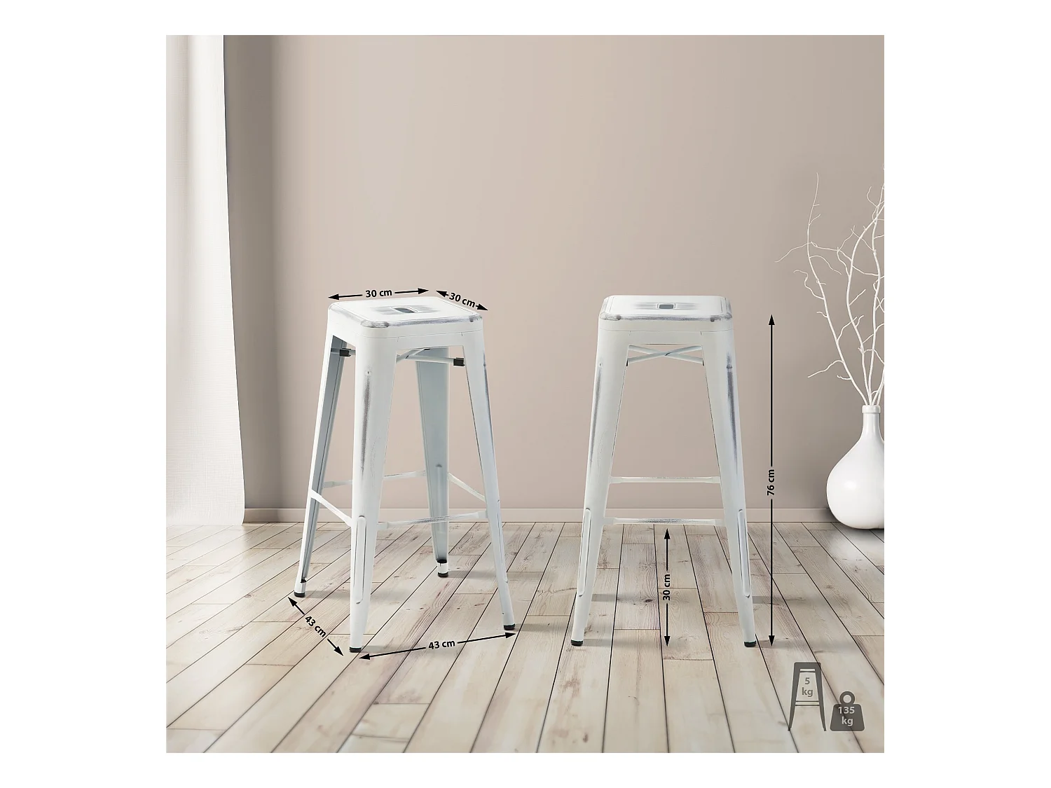 Lot de 4  Tabouret de bar - Métal - Blanc antique - Joshua