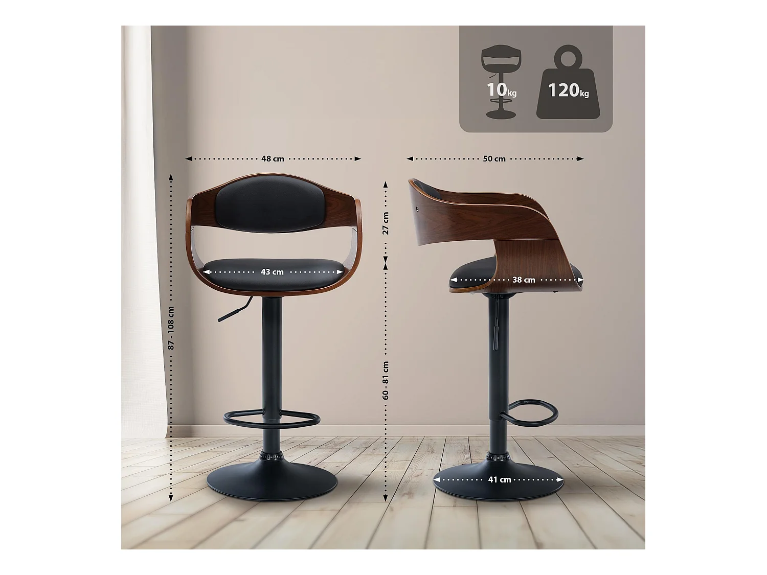 Lot de 2  Tabouret de bar - Similicuir - Noyer / Noir - Kingston