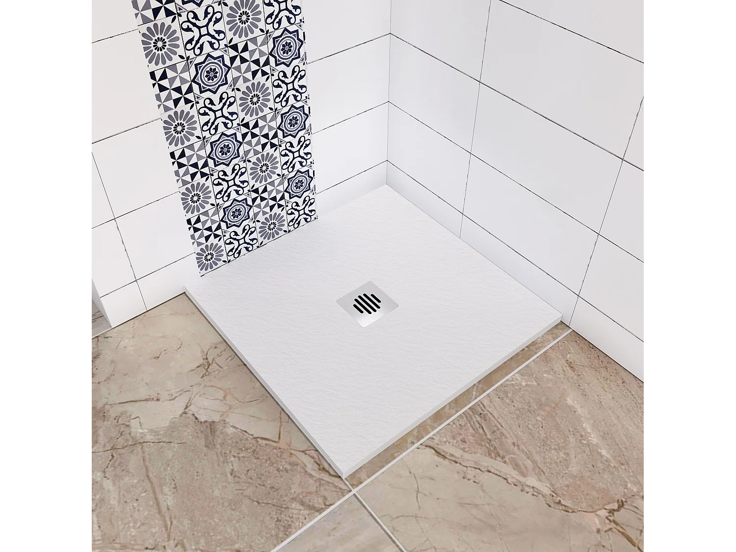 Aica receveur de douche carré Blanc 80x80x3cm，Extra plat antidérapant,Receveur extra-plat à poser ou à encastrer avec une grille en inox