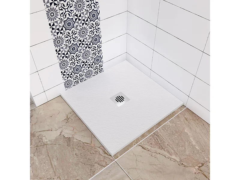 Aica receveur de douche carré Blanc 80x80x3cm，Extra plat antidérapant,Receveur extra-plat à poser ou à encastrer avec une grille en inox