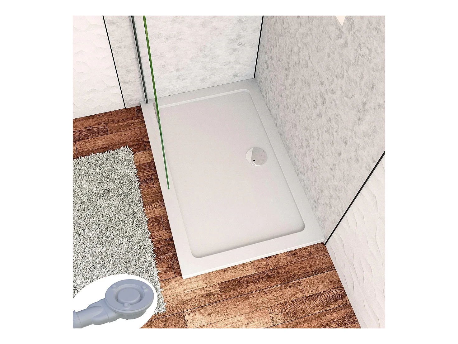 Aica Witte Rechthoekige Douchebak 80x70x3cm, Douchebak Met Afvoer Ultradun ontwerp, antislip, in mineraal marmer en gemengde hars