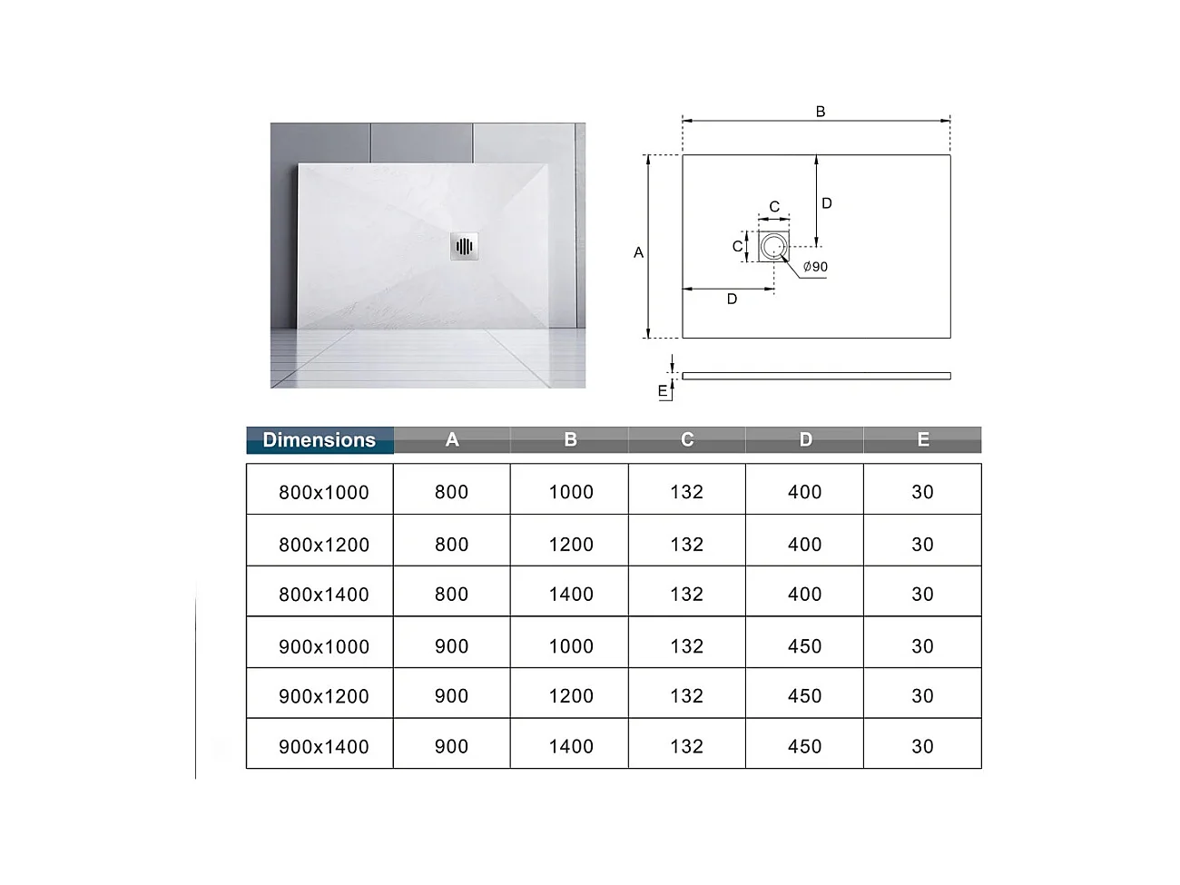 Aica receveur de douche Rectangulaire 140x90x3cm,Extra plat Blanc antidérapant ,Receveur extra-plat à poser ou à encastrer,avec une grille en inox