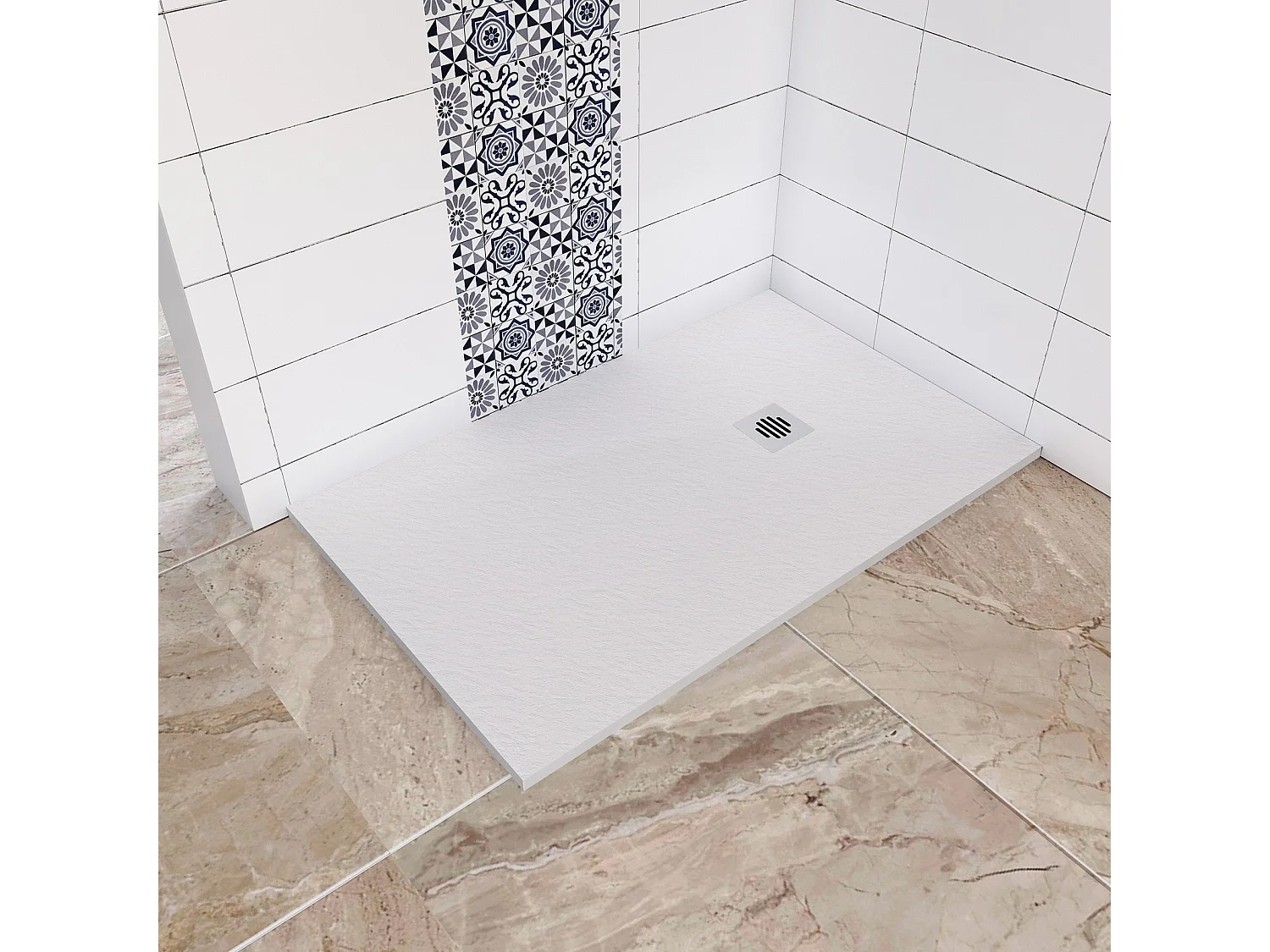 Aica receveur de douche Rectangulaire 140x90x3cm,Extra plat Blanc antidérapant ,Receveur extra-plat à poser ou à encastrer,avec une grille en inox