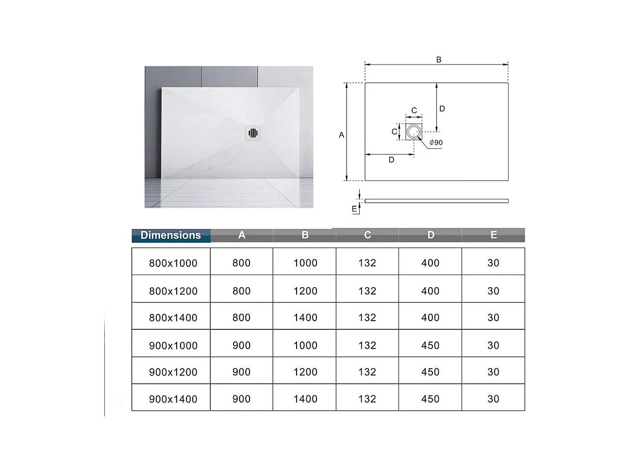 Aica Rechthoekige Douchebak 120x80x3cm, Extra Plat Wit Antislip, Extra Platte Douchebak voor Inbouw of Verzonken, met een ABS Rooster