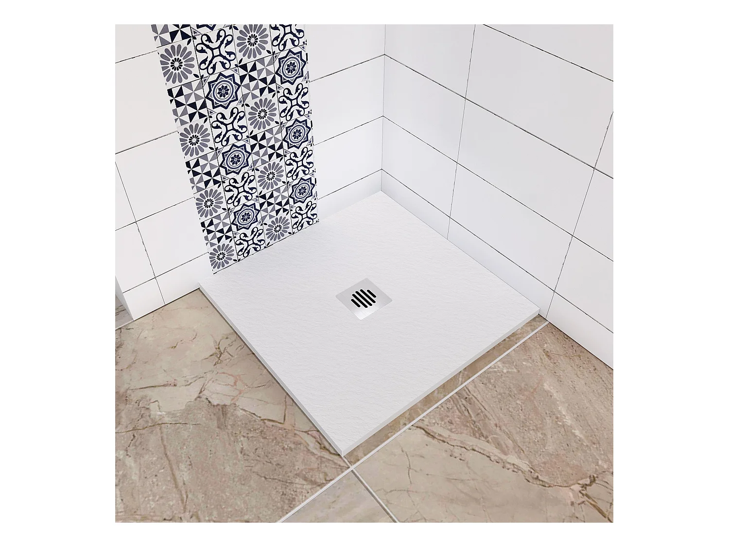 Aica receveur de douche carré Blanc 90x90x3cm，Extra plat antidérapant,Receveur extra-plat à poser ou à encastrer avec une grille en inox