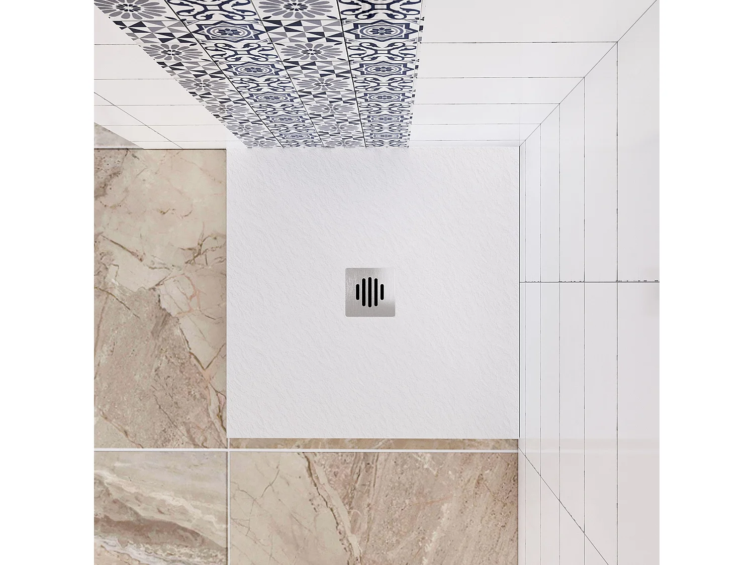 Aica receveur de douche carré Blanc 90x90x3cm，Extra plat antidérapant,Receveur extra-plat à poser ou à encastrer avec une grille en inox