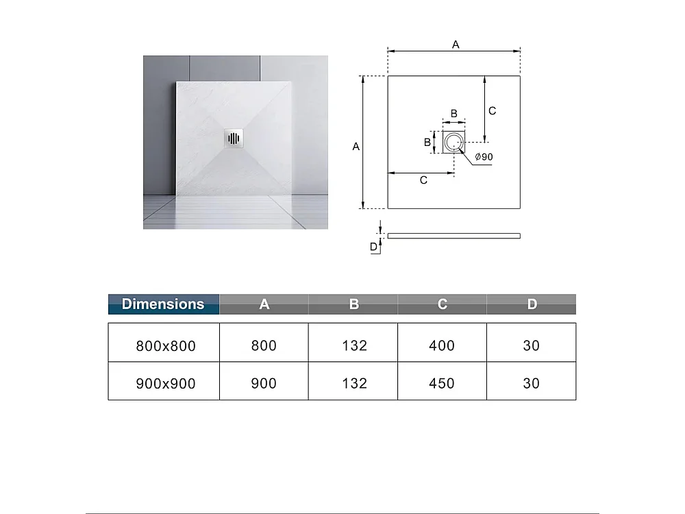 Aica receveur de douche carré Blanc 90x90x3cm，Extra plat antidérapant,Receveur extra-plat à poser ou à encastrer avec une grille en inox