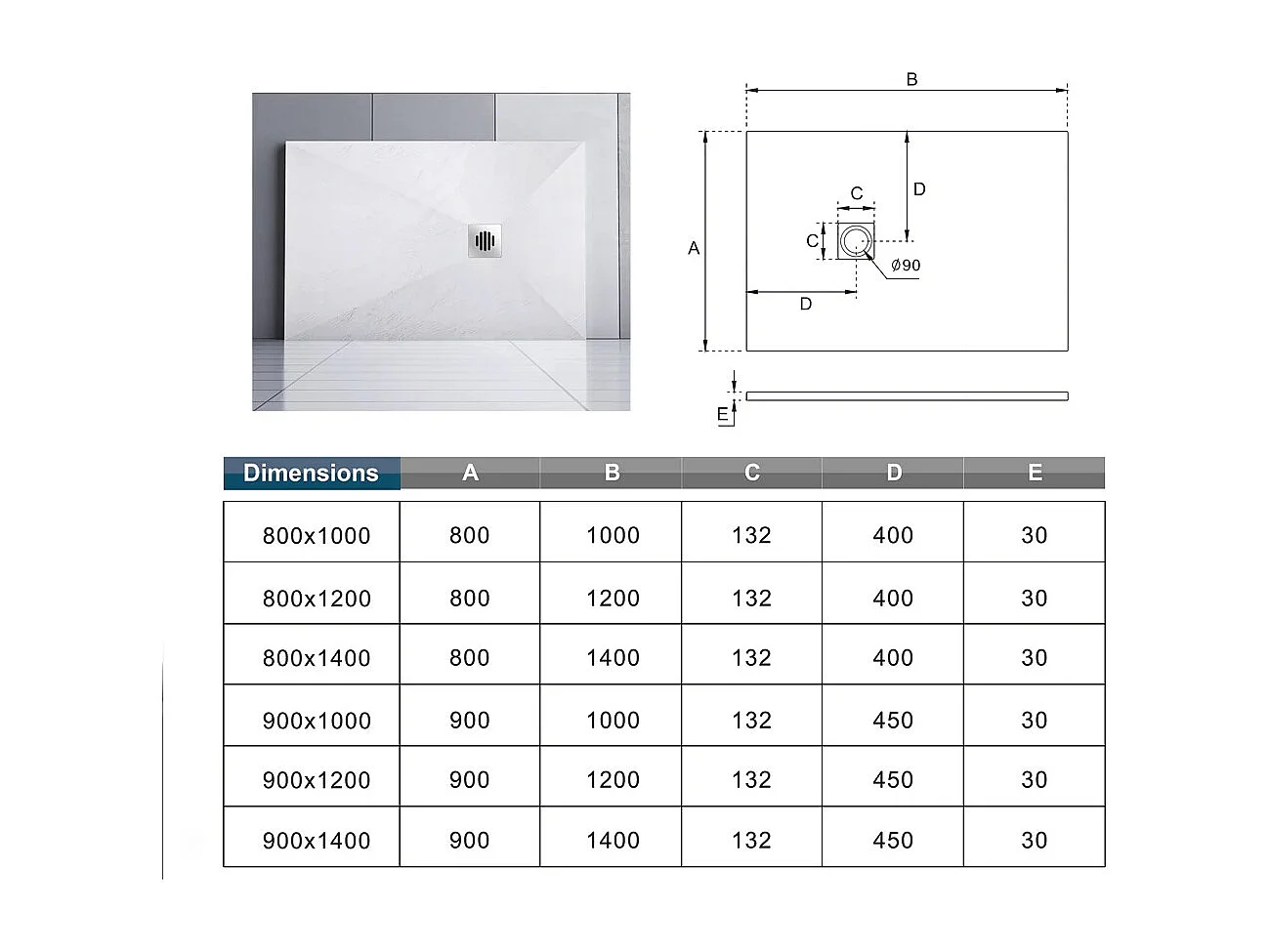 Aica receveur de douche Rectangulaire 140x80x3cm,Extra plat Blanc antidérapant,Receveur extra-plat à poser ou à encastrer,avec une grille en inox