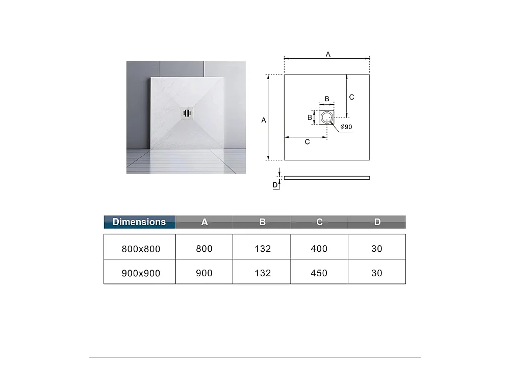 Aica receveur de douche carré Blanc 80x80x3cm，Extra plat antidérapant,Receveur extra-plat à poser ou à encastrer avec une grille en ABS
