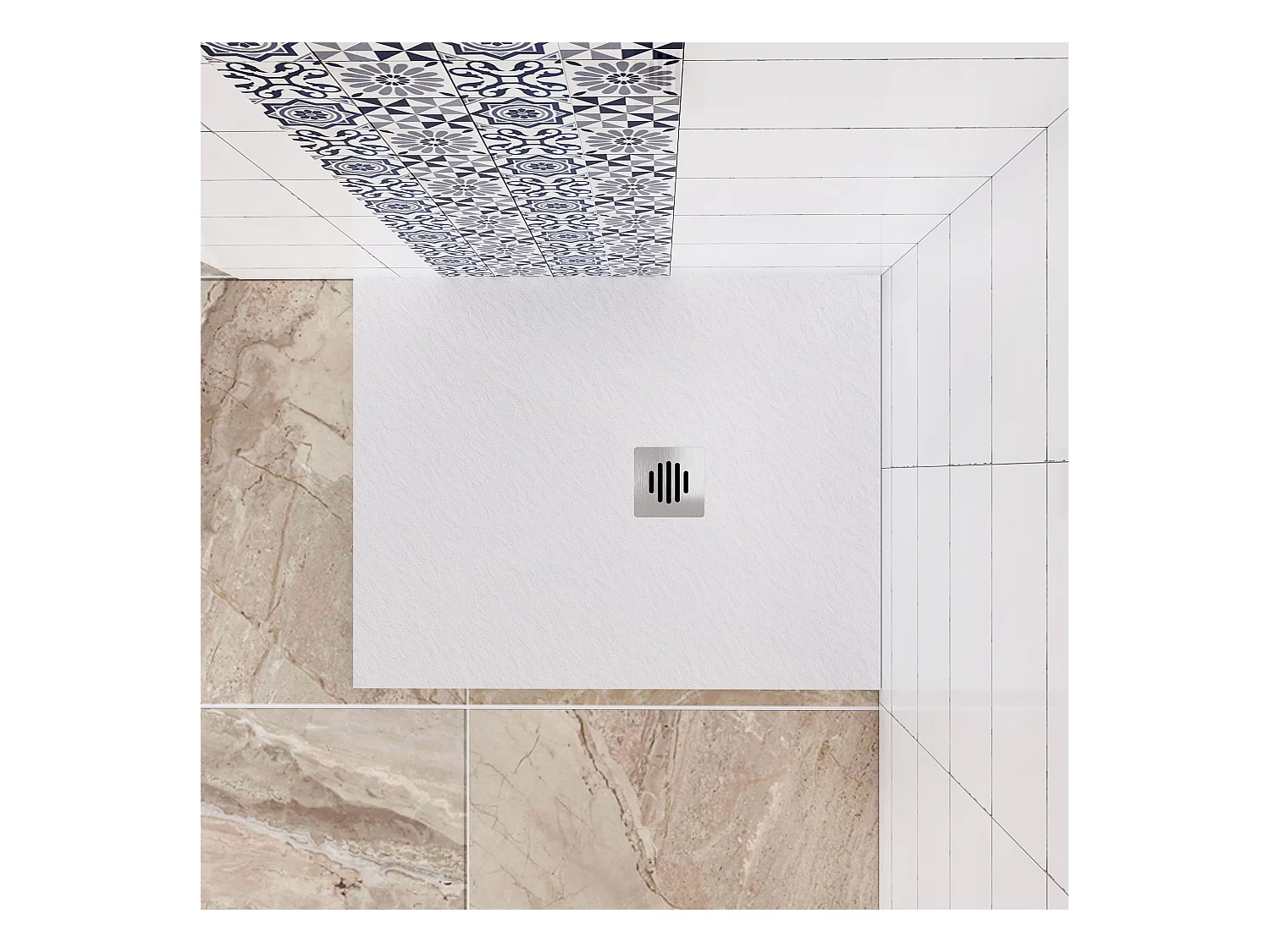 Aica receveur de douche Rectangulaire 100x80x3cm,Extra plat Blanc antidérapant,Receveur extra-plat à poser ou à encastrer,avec une grille en inox