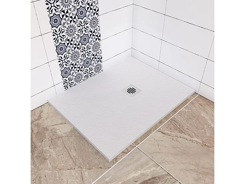 Aica receveur de douche Rectangulaire 100x90x3cm,Extra plat Blanc antidérapant ,Receveur extra-plat à poser ou à encastrer,avec une grille en inox