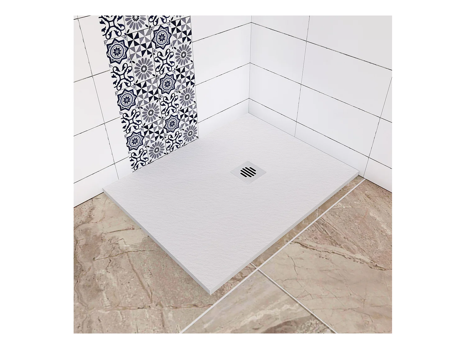 Aica receveur de douche Rectangulaire 100x90x3cm,Extra plat Blanc antidérapant ,Receveur extra-plat à poser ou à encastrer,avec une grille en inox