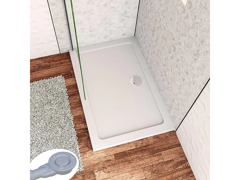 Aica receveur de douche Blanc Rectangulaire 100x70x3cm,bac à douche Avec une bonde Design ultra-mince,antidérapant,en marbre minéral et mixte résine