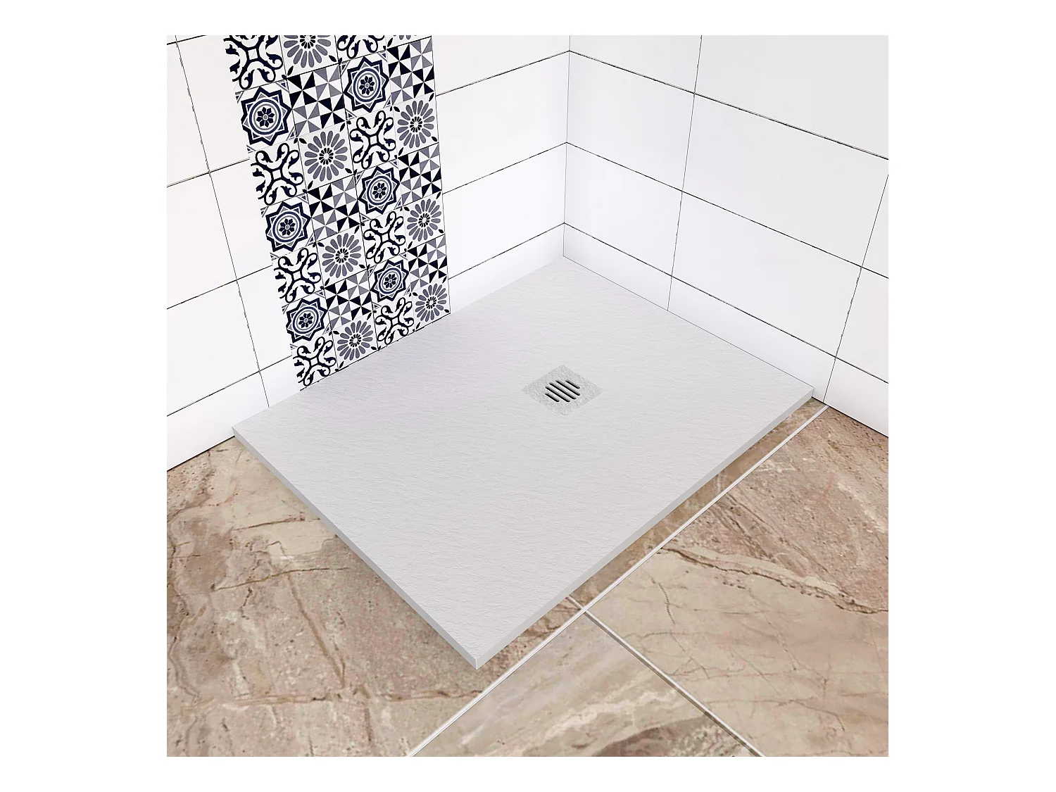 Aica Rechthoekige Douchebak 100x80x3cm, Extra Plat Wit Antislip, Extra Platte Douchebak voor Inbouw of Verzonken, met een ABS Rooster