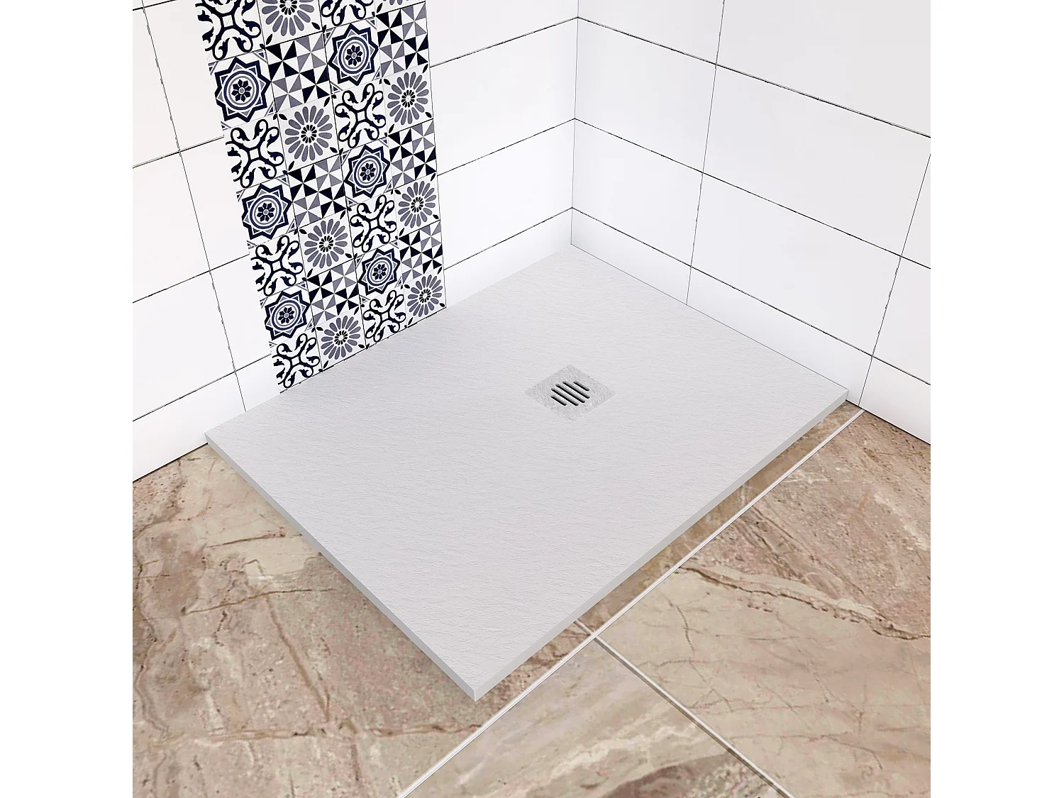 Aica receveur de douche Rectangulaire 100x80x3cm,Extra plat Blanc antidérapant,Receveur extra-plat à poser ou à encastrer,avec une grille en ABS