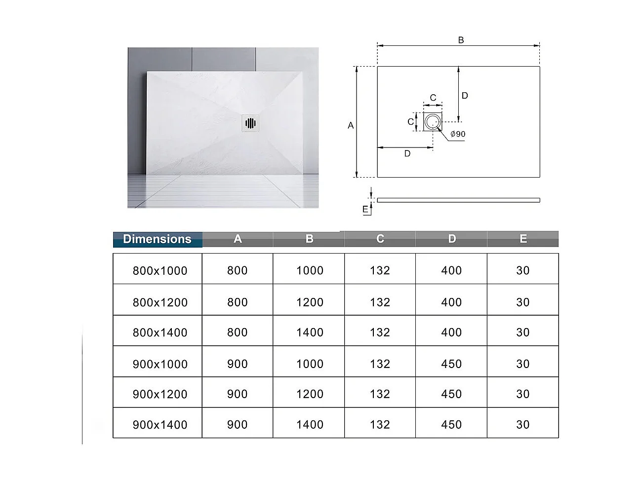 Aica receveur de douche Rectangulaire 100x80x3cm,Extra plat Blanc antidérapant,Receveur extra-plat à poser ou à encastrer,avec une grille en ABS