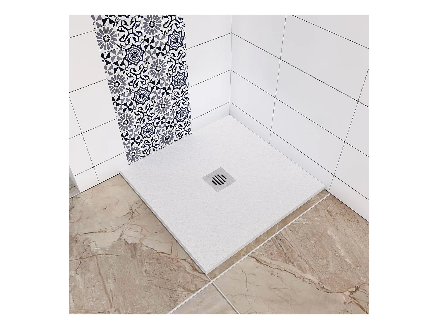 Aica receveur de douche carré Blanc 90x90x3cm，Extra plat antidérapant,Receveur extra-plat à poser ou à encastrer avec une grille en ABS