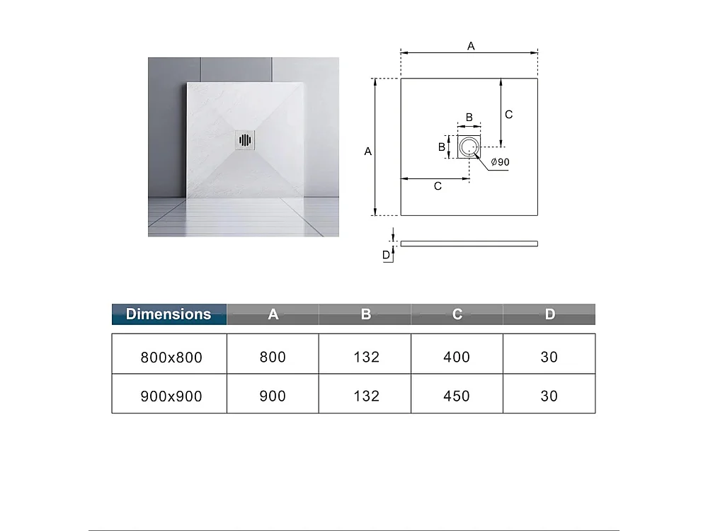 Aica receveur de douche carré Blanc 90x90x3cm，Extra plat antidérapant,Receveur extra-plat à poser ou à encastrer avec une grille en ABS