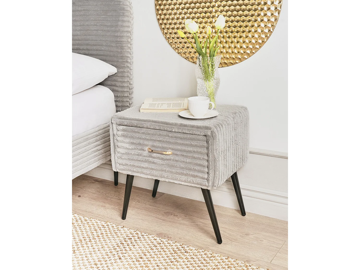 Table de nuit à 1 tiroir FLAYAT Velours côtelé Gris clair