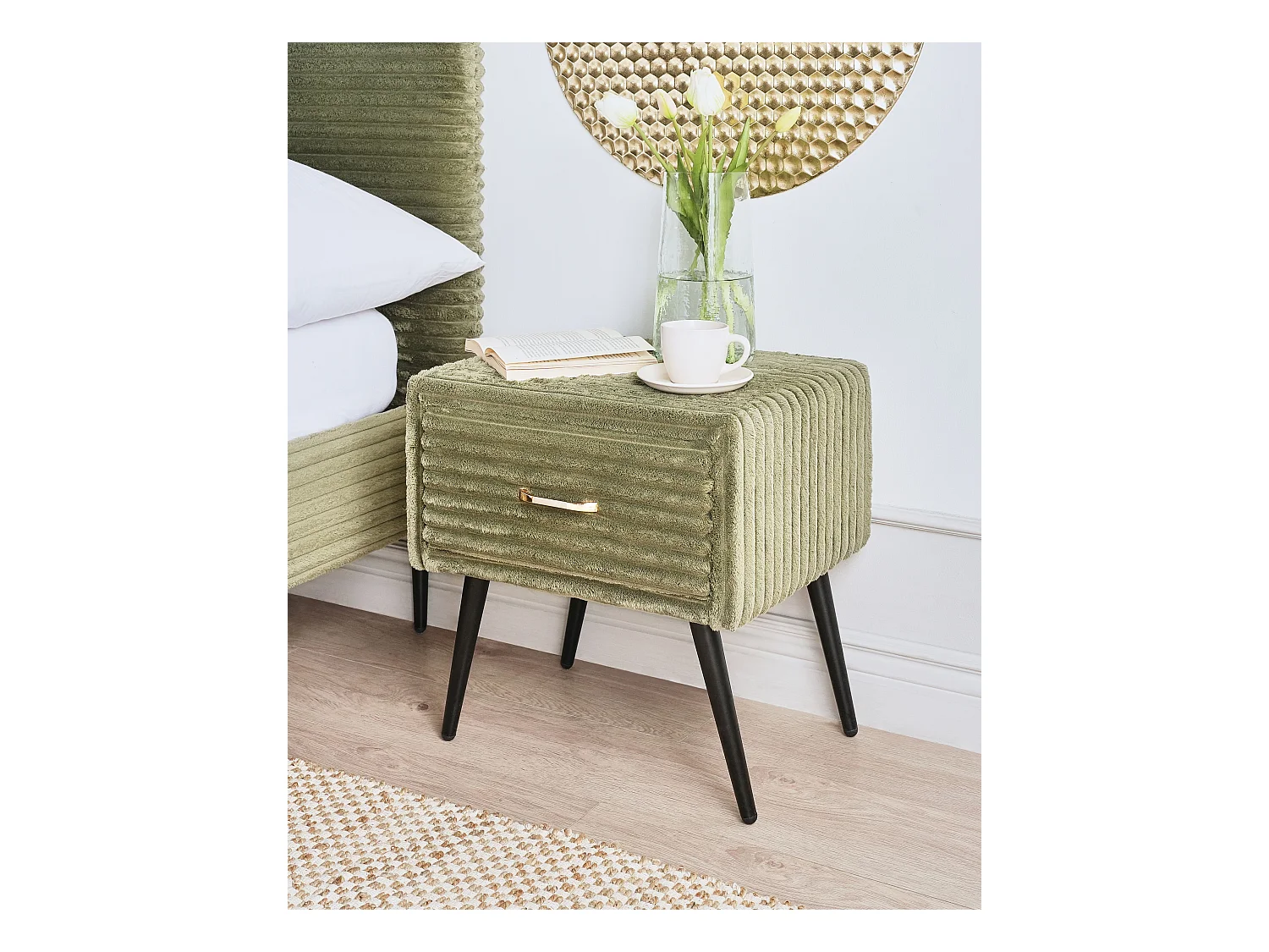 Table de nuit à 1 tiroir FLAYAT Velours côtelé Vert
