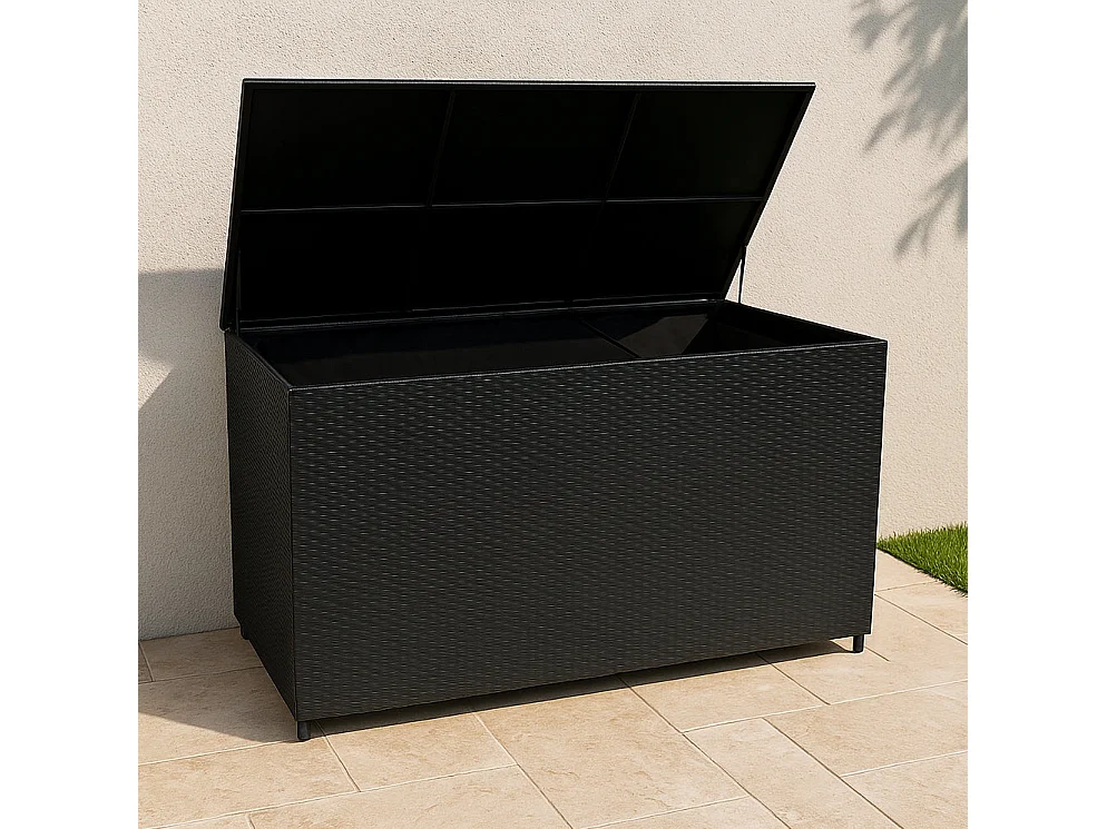 Coffre de Rangement 996L en Rotin Noir Extérieur Coussin Large Terrasse