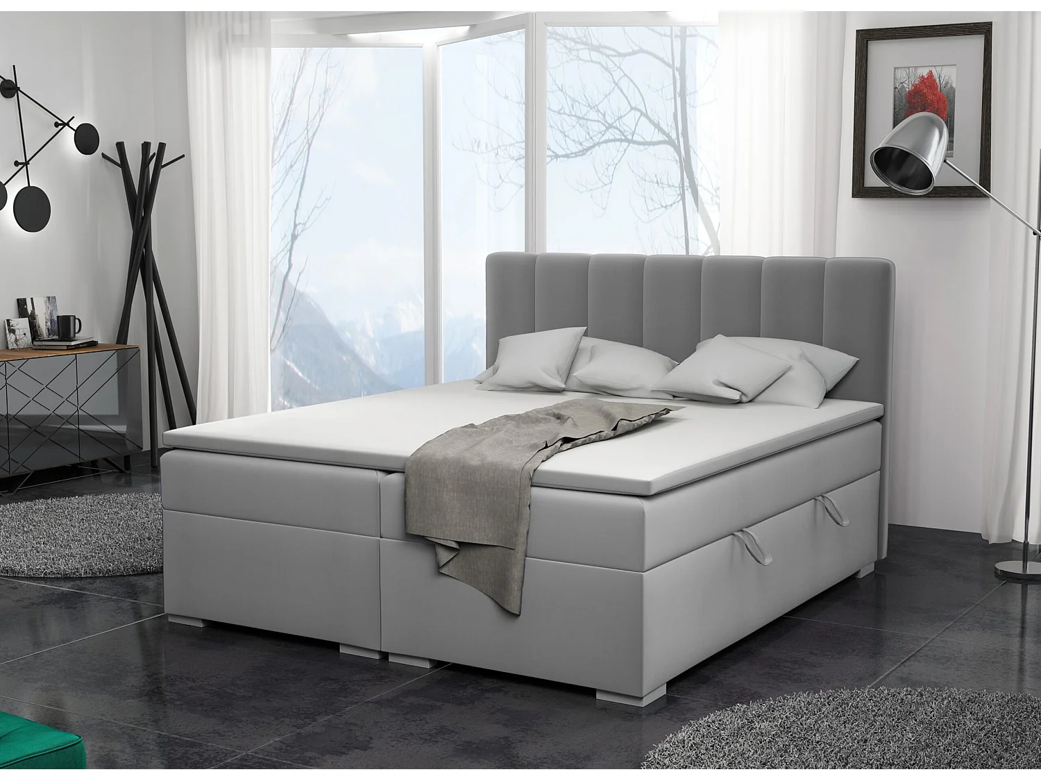 LIT BOXSPRING avec surmatelas Monaco 160x200 cm, gris clair (Jasmine 90)